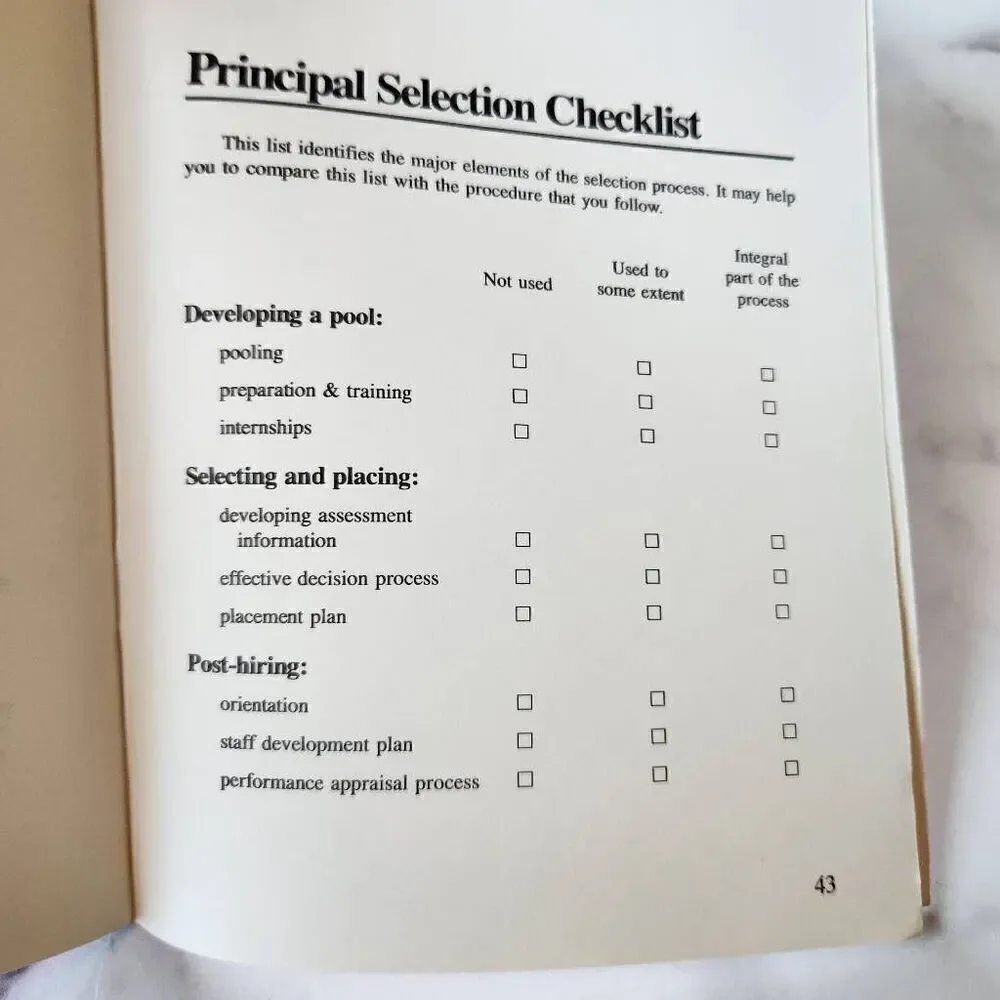 Principal selection guide June 1987 red soft back educational educators school s